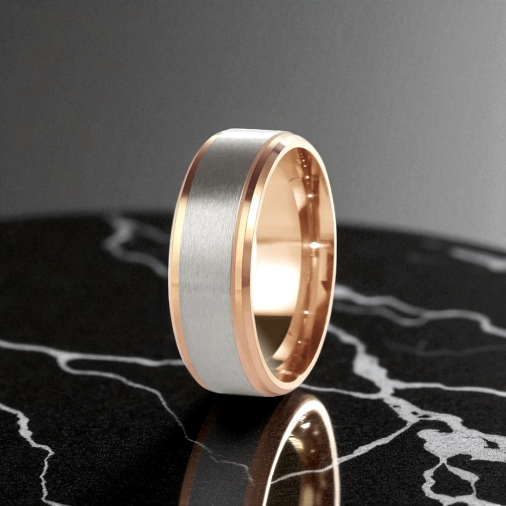 8mm Brushed Tungsten Men's Wedding Band with Yellow Gold Edges